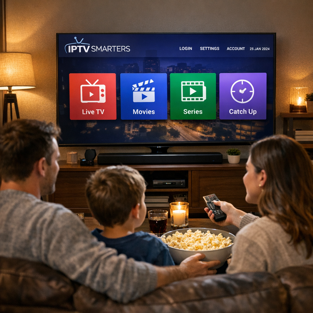 Family enjoying IPTV Smarters on TV