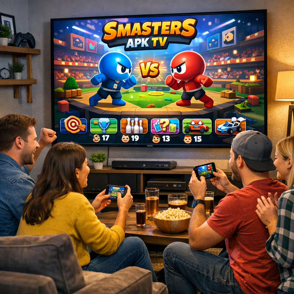 friends enjoying Smasters APK TV on a big screen