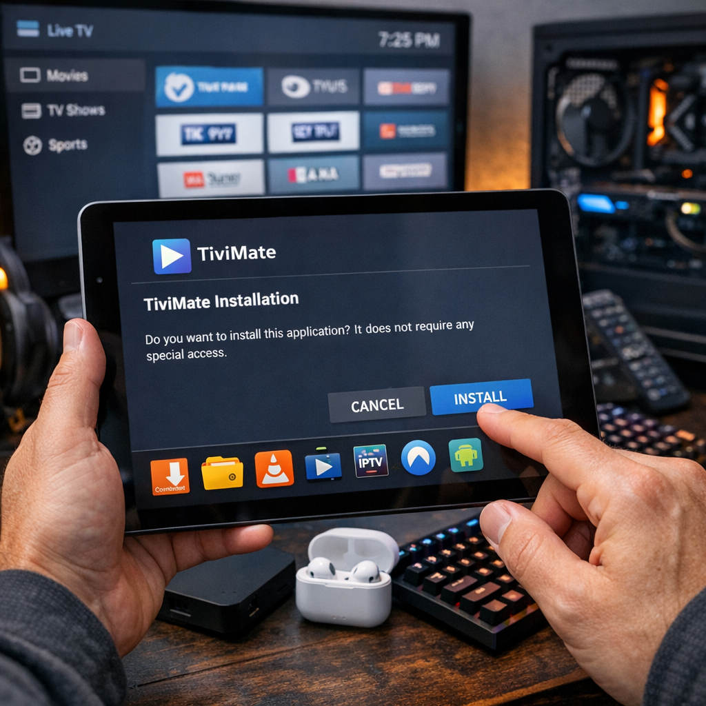 User setting up Tivimate APK on a tablet