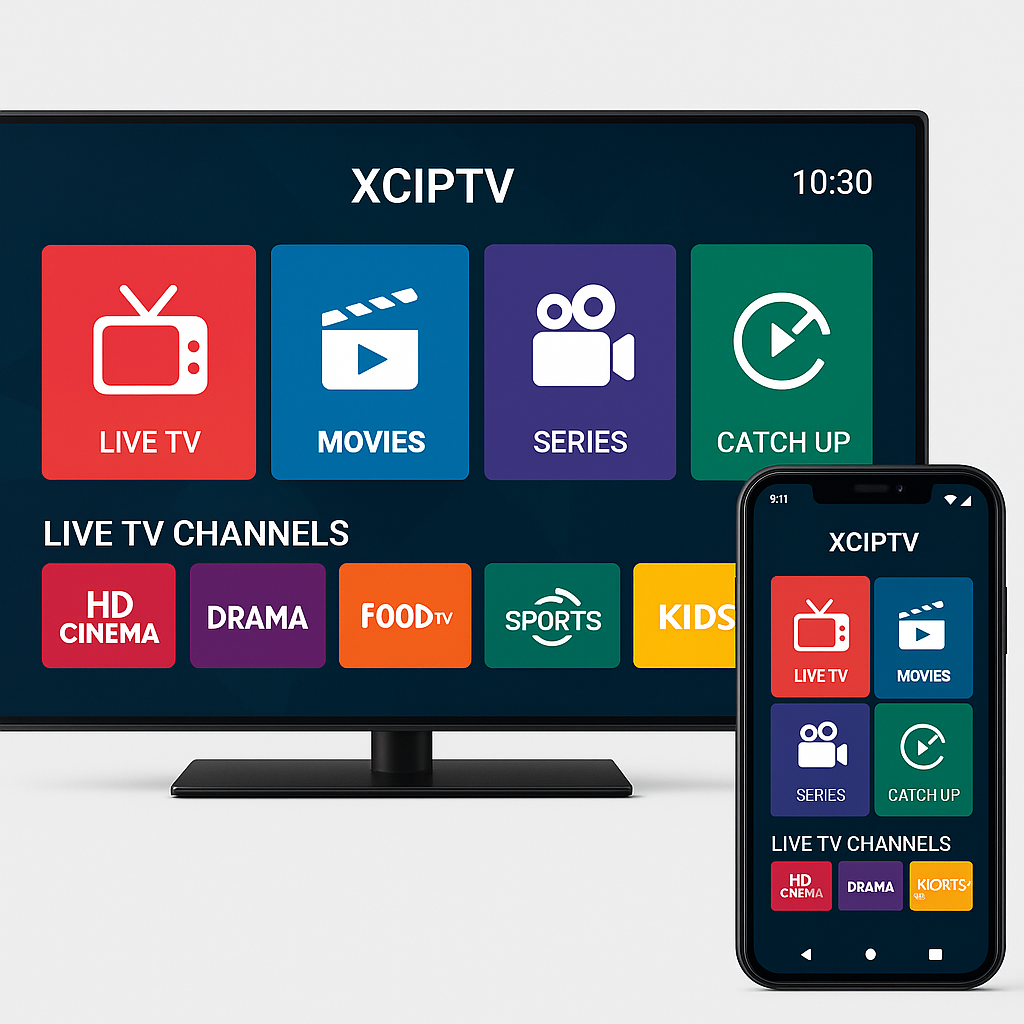 Xciptv app interface showcasing live TV channels