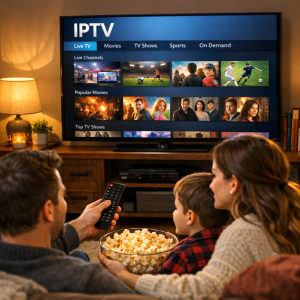 Person enjoying IPTV in a cozy living room