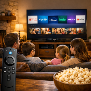 Fire TV Stick remote with streaming apps on screen