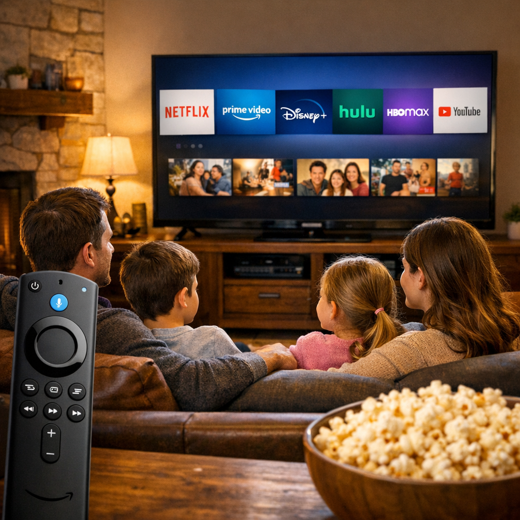 Fire TV Stick remote with streaming apps on screen