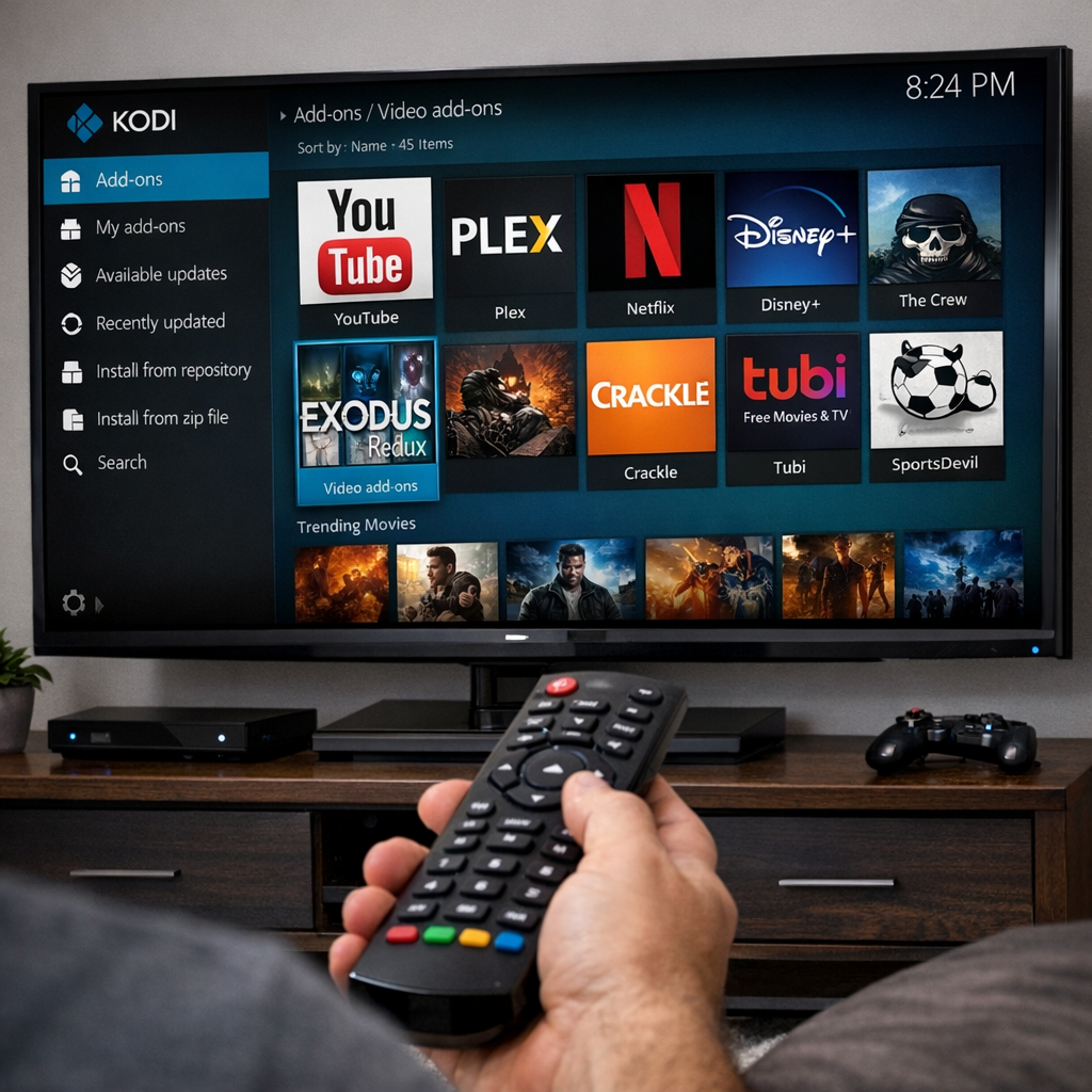 Kodi addons interface on a TV screen
