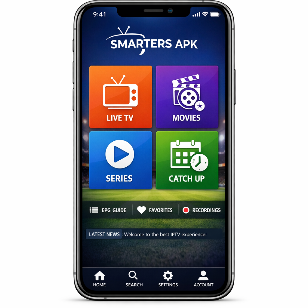 Smarters APK features interface on mobile device