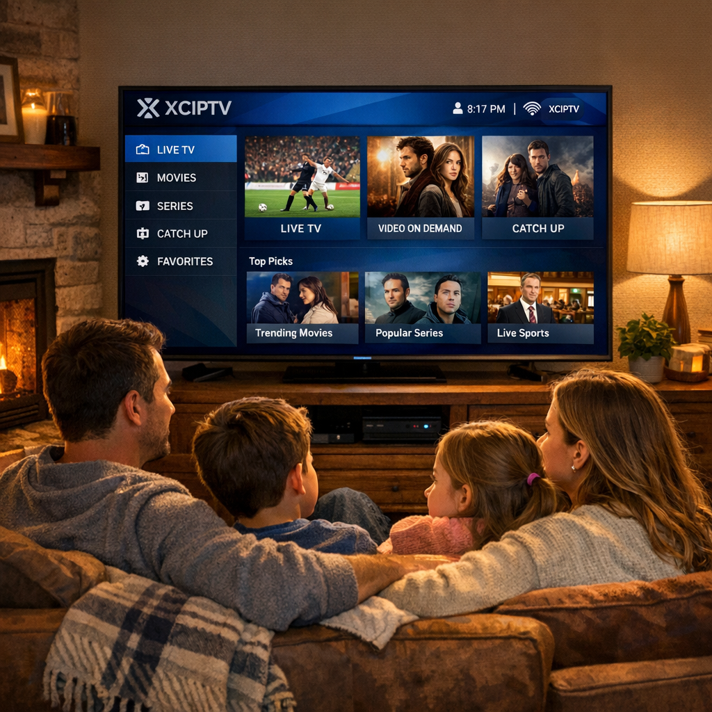 Family enjoying IPTV with XCIPTV APK on Android TV